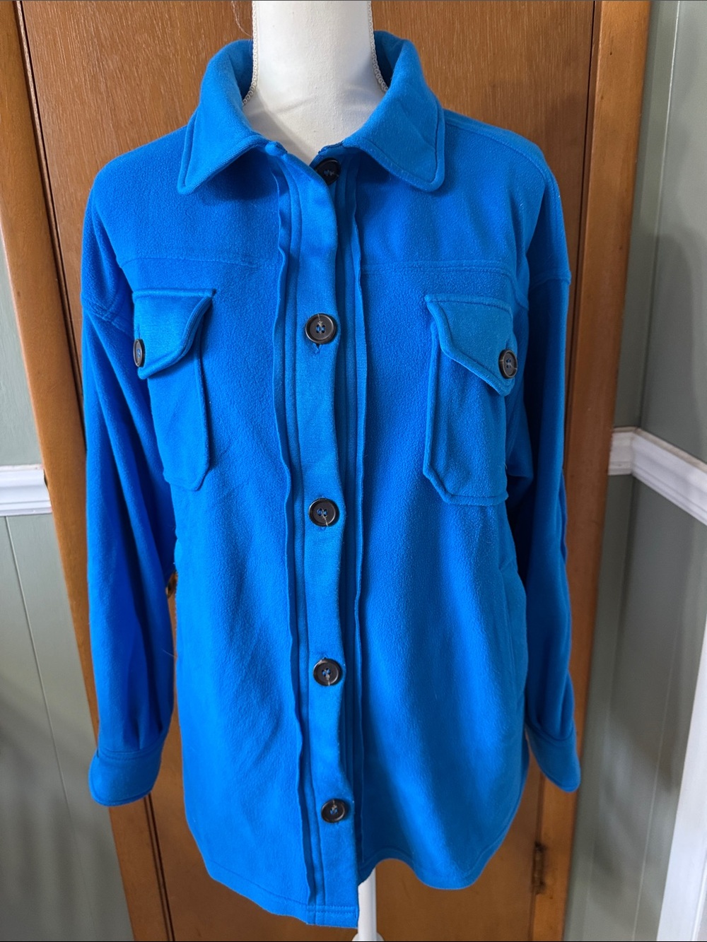 Zenana Outfitters Electric Blue Button-Front Fleece Utility Jacket Size S